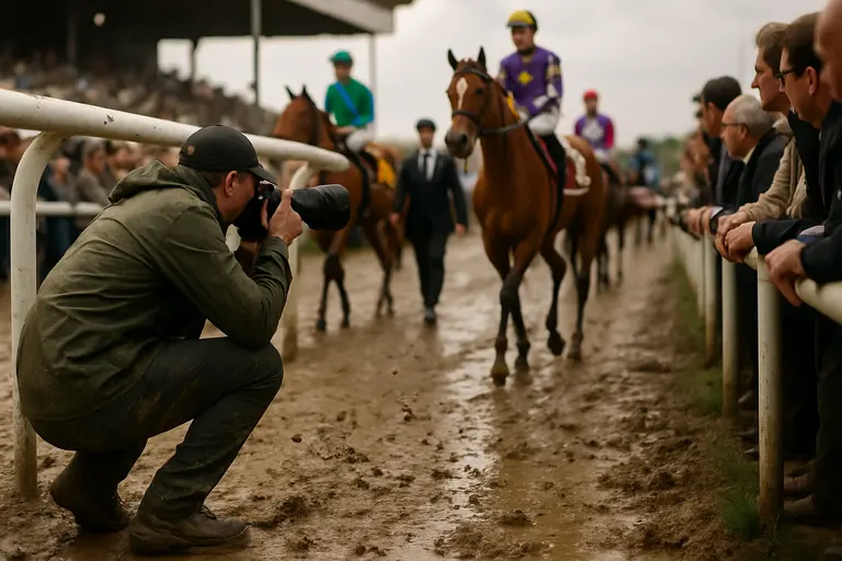 A horse galloping on the Del Mar dirt track with exercise rider aboard