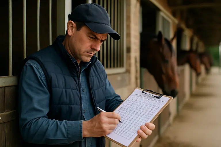 Trainer reviewing notes beside a harness racing stall