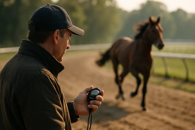 Older dirt horse galloping through a turn during morning exercise