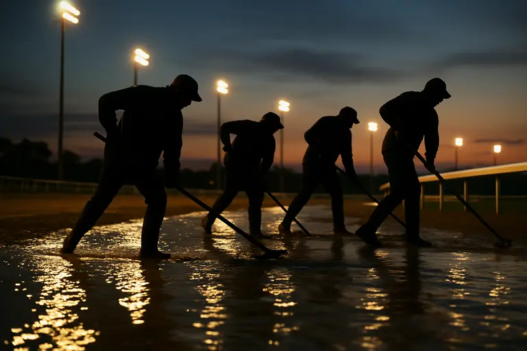 Track crew working near a wet turf course after rain