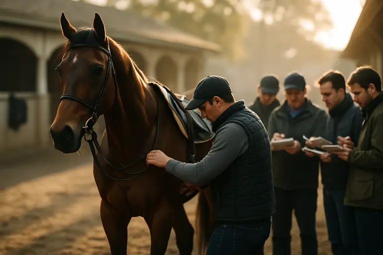 Spectators watch horses warm up on a dirt track before a stakes race