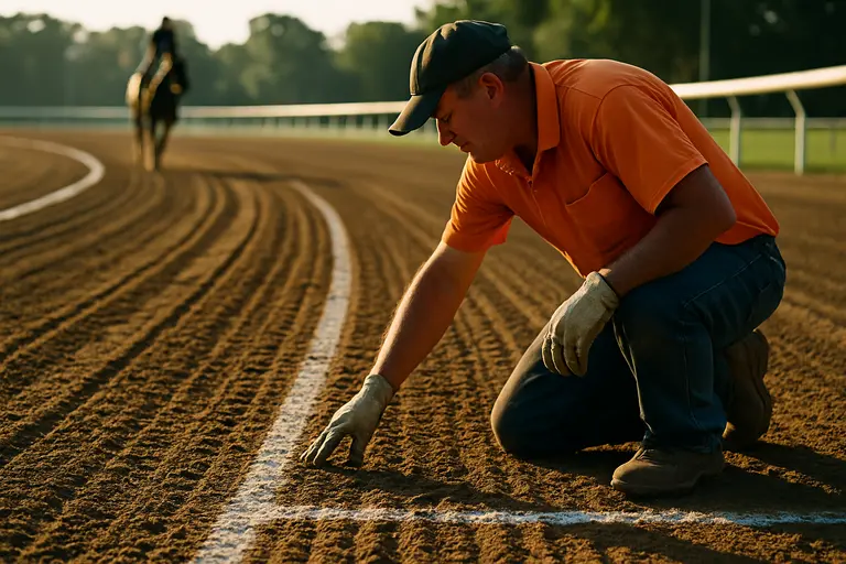 Fresh dirt surface at Belmont Park with rails and infield visible