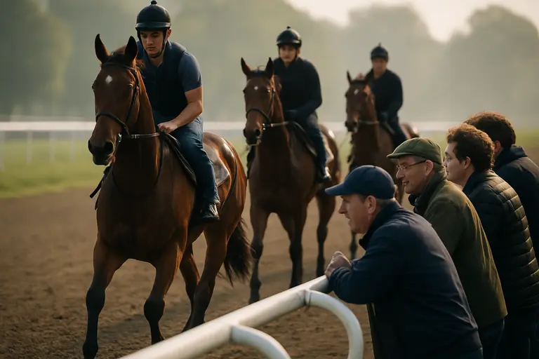 Horses walking in a saddling paddock before a major dirt stakes race