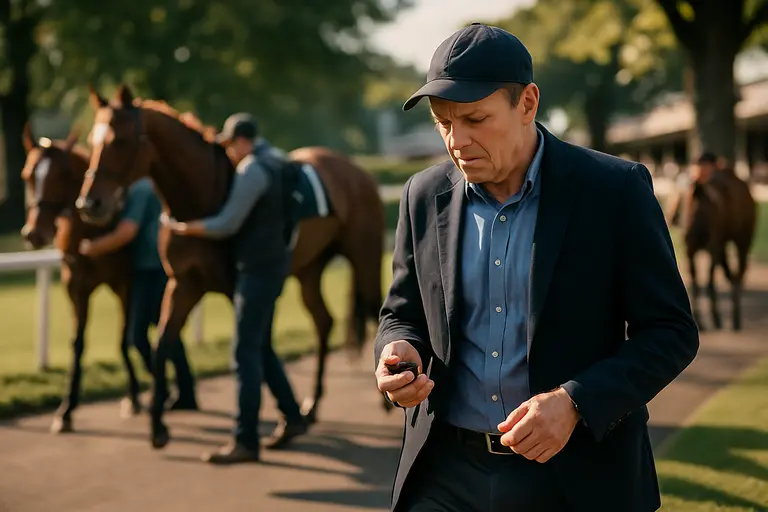 Horses race in a compact group entering the far turn