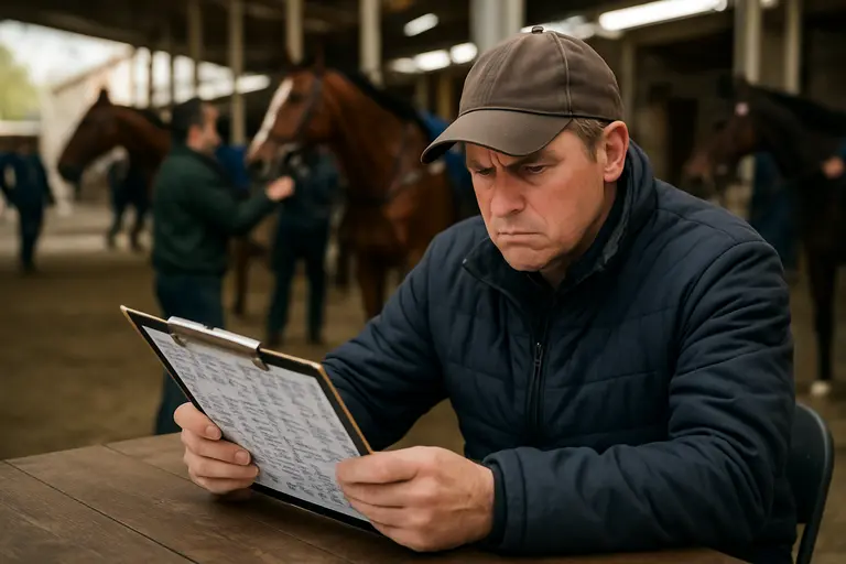 Race analyst reviewing a Keeneland stakes program beside the paddock rail