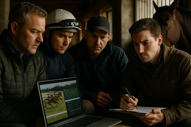 Stable area activity before a race day at a thoroughbred track